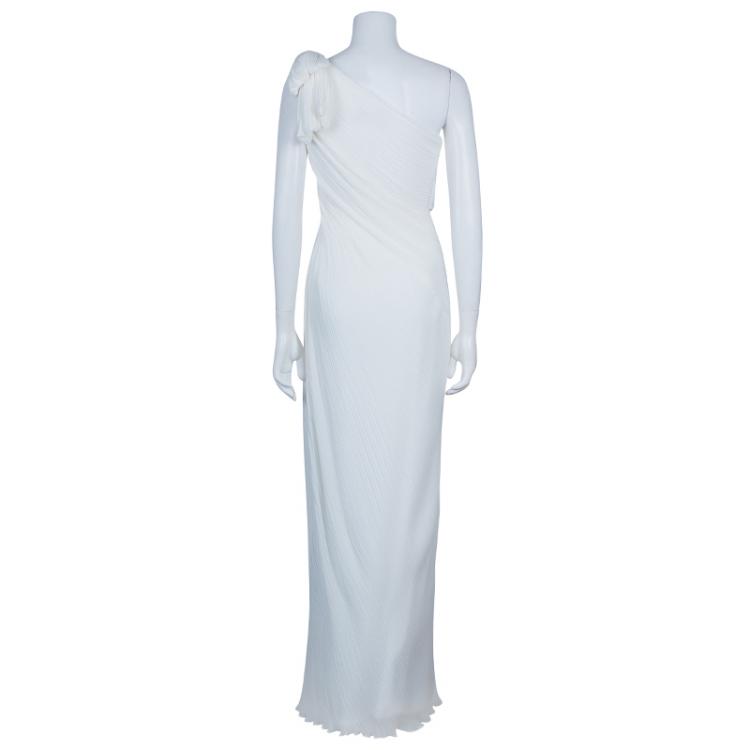 Pre Owned Tadashi Shoji White Pleated One Shoulder Gown M
