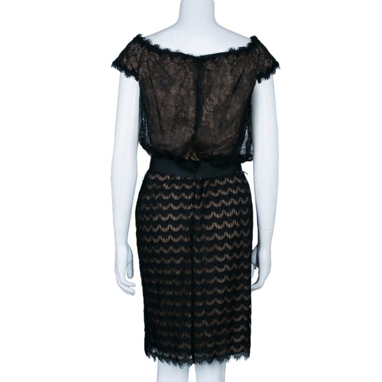Pre Owned Tadashi Shoji Mixed Lace Sheath Dress M