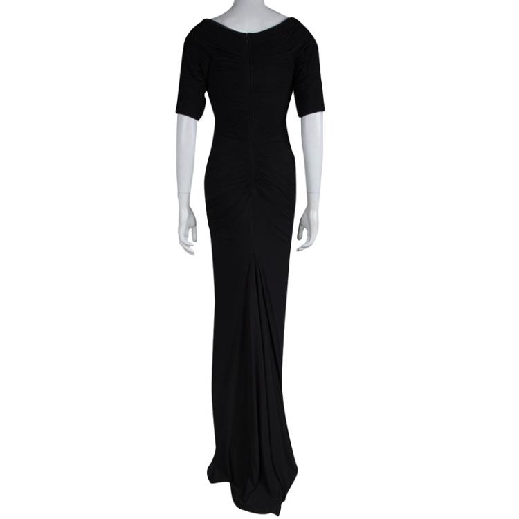 Pre Owned Tadashi Shoji Black Ruched Short Sleeve Gown XS