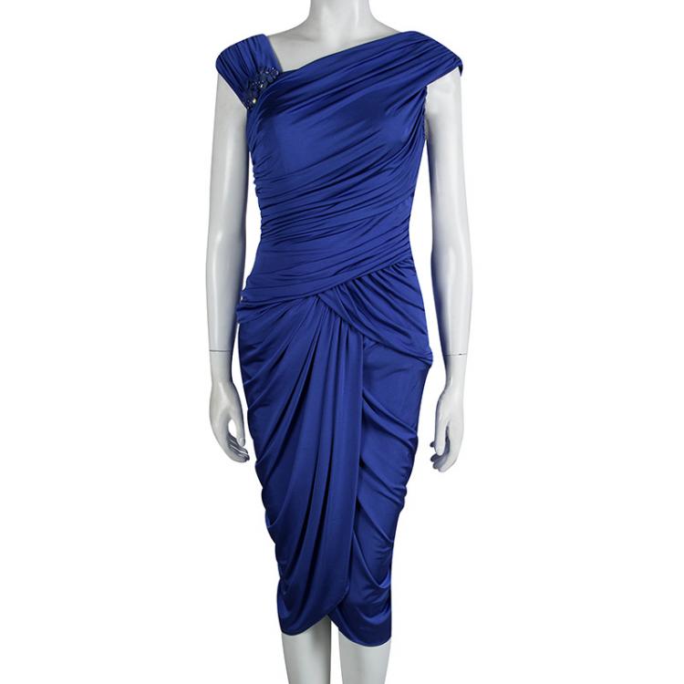 Pre Owned Tadashi Shoji Cobalt Blue Draped Embellished Sleeveless Dress S