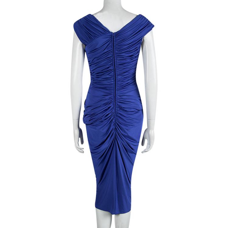 Pre Owned Tadashi Shoji Cobalt Blue Draped Embellished Sleeveless Dress S