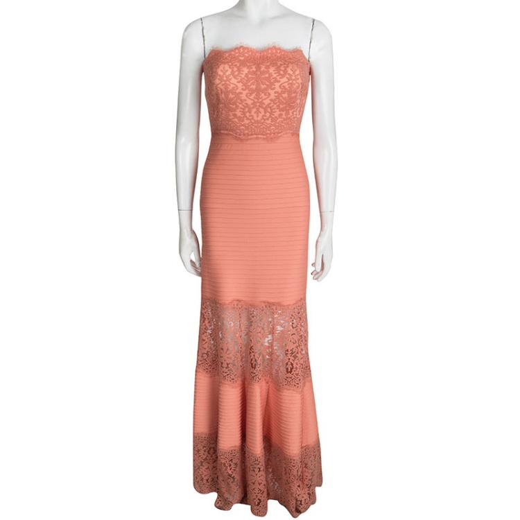 Pre Owned Tadashi Shoji Orange Lace and Pintuck Detail Strapless Gown XS