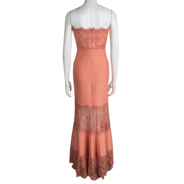 Pre Owned Tadashi Shoji Orange Lace and Pintuck Detail Strapless Gown XS