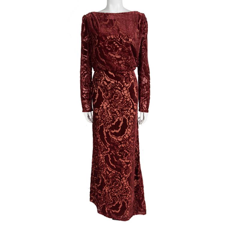 Pre Owned Tadashi Shoji Red Devore Velvet Long Sleeve Gown M