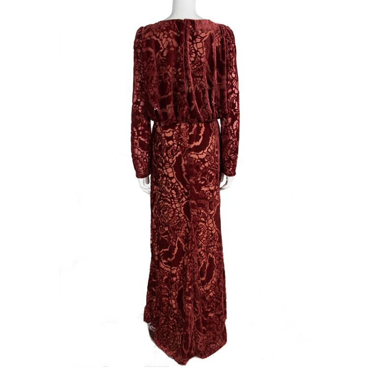 Pre Owned Tadashi Shoji Red Devore Velvet Long Sleeve Gown M
