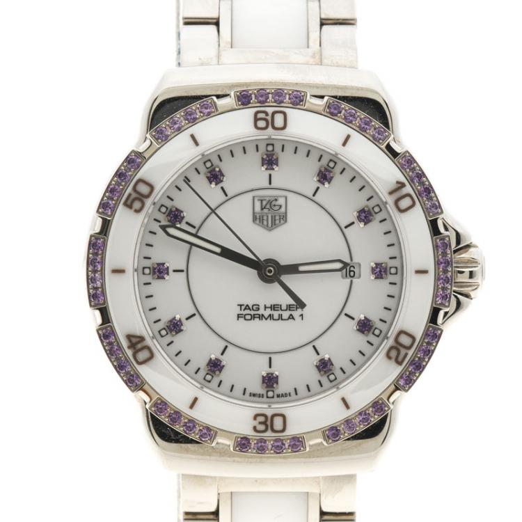 Pre Owned Tag Heuer White Ceramic Stainless Steel Amethyst Formula1 Women's Wristwatch 32MM
