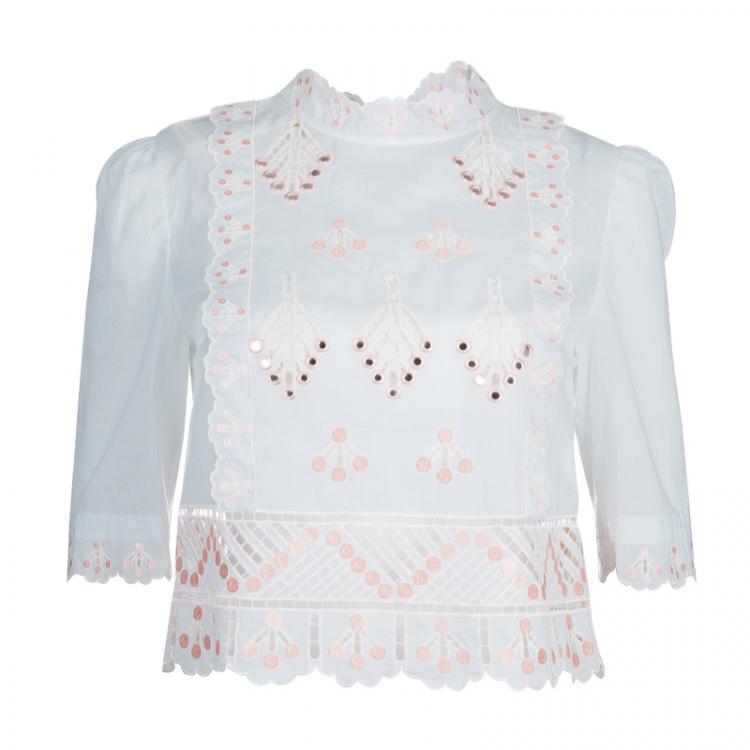Pre Owned Temperley London White Mirrorwork and Cutwork Embroidered Scallop Detail Hika Top and Shorts Set M