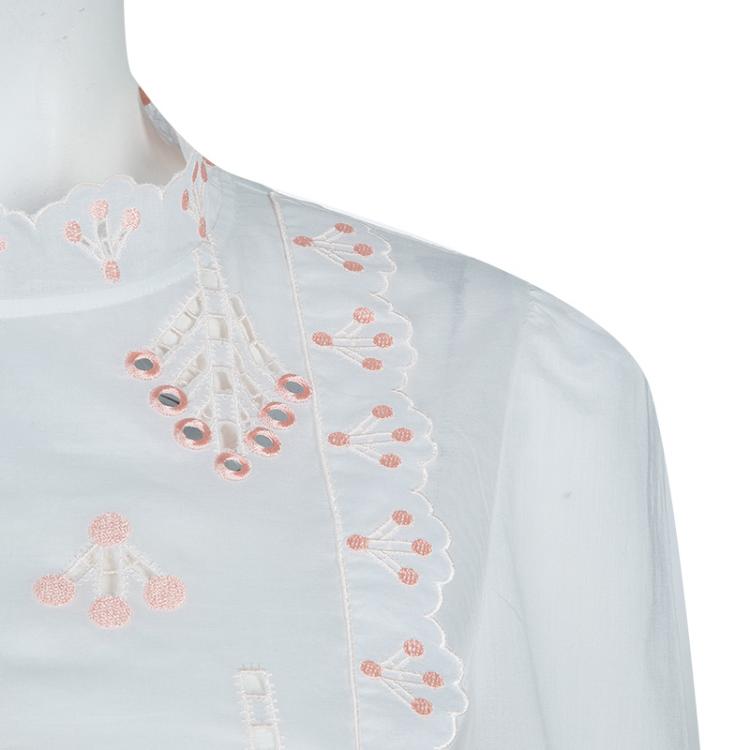 Pre Owned Temperley London White Mirrorwork and Cutwork Embroidered Scallop Detail Hika Top and Shorts Set M