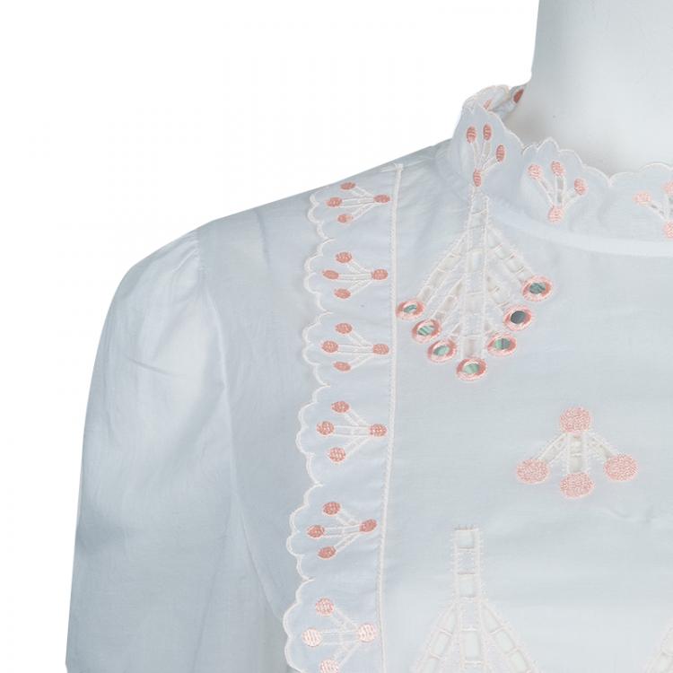 Pre Owned Temperley London White Mirrorwork and Cutwork Embroidered Scallop Detail Hika Top and Shorts Set M