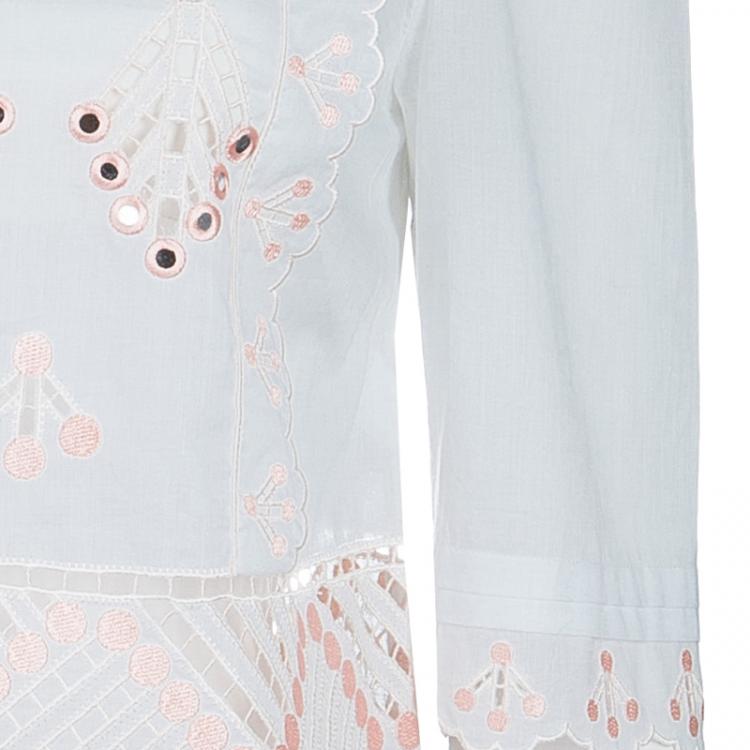 Pre Owned Temperley London White Mirrorwork and Cutwork Embroidered Scallop Detail Hika Top and Shorts Set M