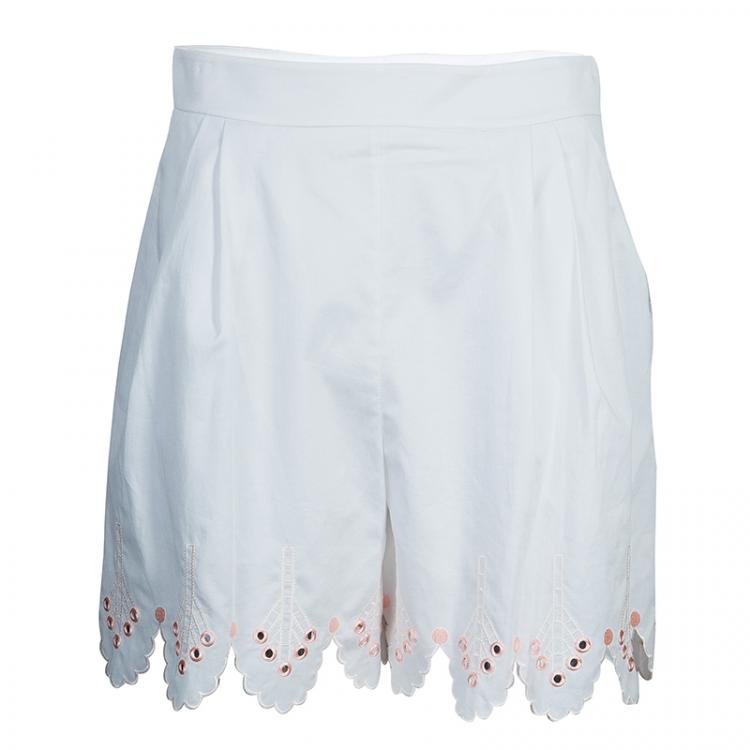 Pre Owned Temperley London White Mirrorwork and Cutwork Embroidered Scallop Detail Hika Top and Shorts Set M