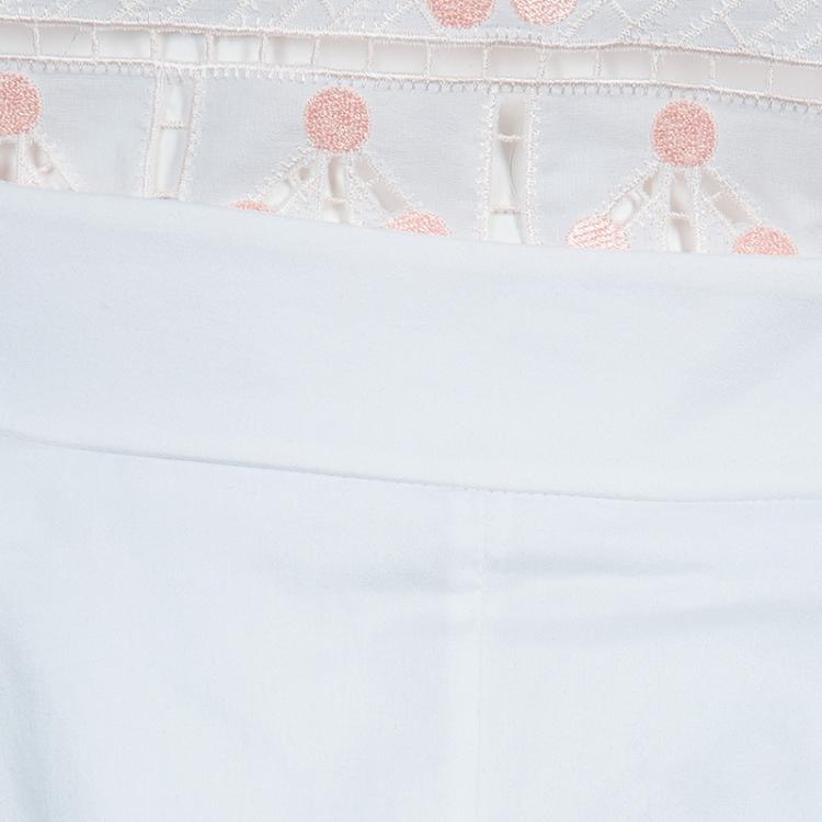 Pre Owned Temperley London White Mirrorwork and Cutwork Embroidered Scallop Detail Hika Top and Shorts Set M