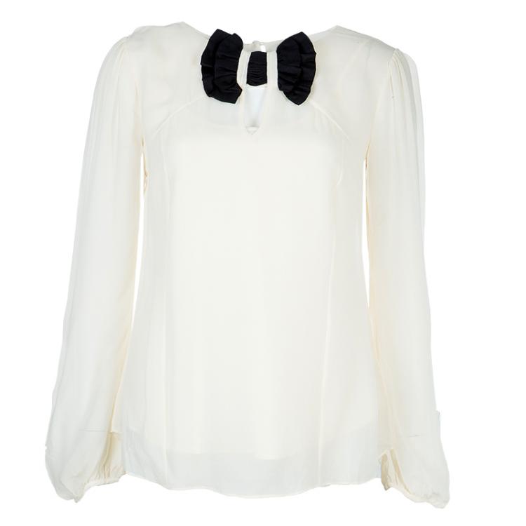 Pre Owned Temperley London Cream Contrast Bow Detail Long Sleeve Silk Blouse M