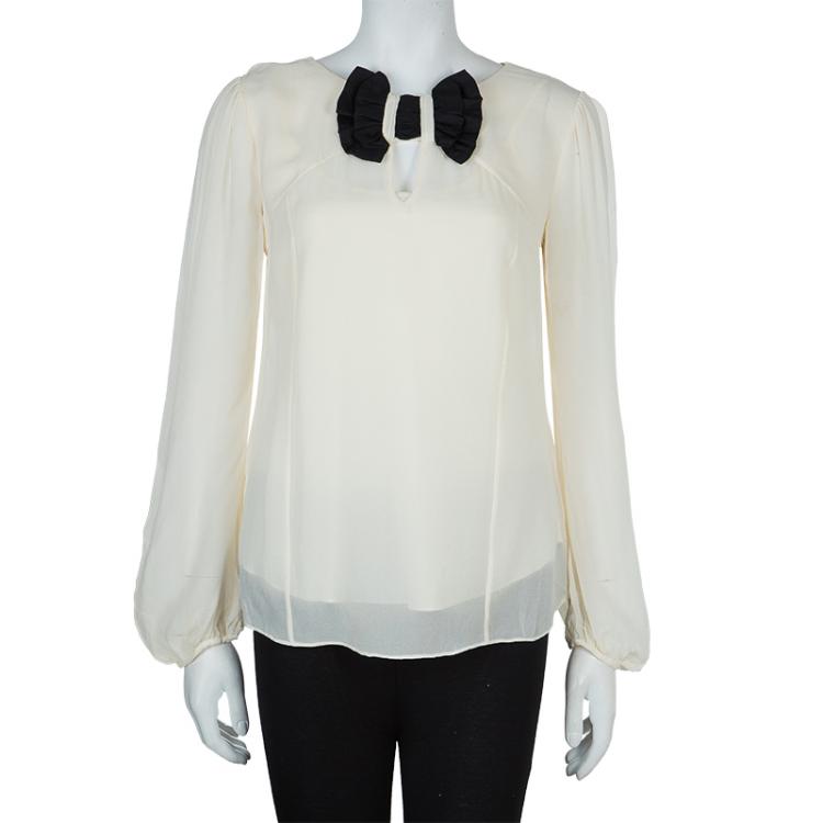 Pre Owned Temperley London Cream Contrast Bow Detail Long Sleeve Silk Blouse M