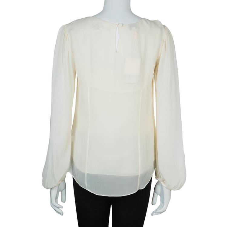 Pre Owned Temperley London Cream Contrast Bow Detail Long Sleeve Silk Blouse M