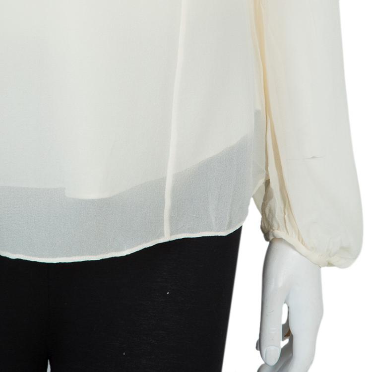 Pre Owned Temperley London Cream Contrast Bow Detail Long Sleeve Silk Blouse M