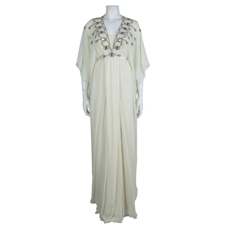Pre Owned Temperley London Cream Embellished Belted Kaftan Dress M