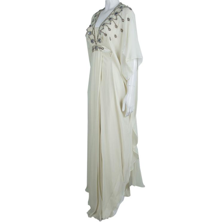 Pre Owned Temperley London Cream Embellished Belted Kaftan Dress M