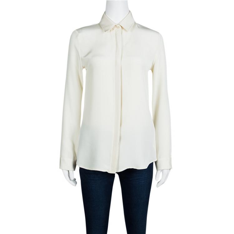 Pre Owned The Row Cream Silk Leather Trim Long Sleeve Button Front Shirt S