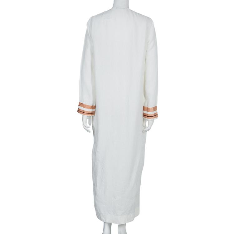 Pre Owned The Row White Linen Embroidered Long Sleeve Kaftan XS
