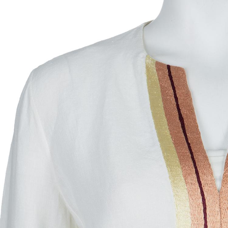 Pre Owned The Row White Linen Embroidered Long Sleeve Kaftan XS