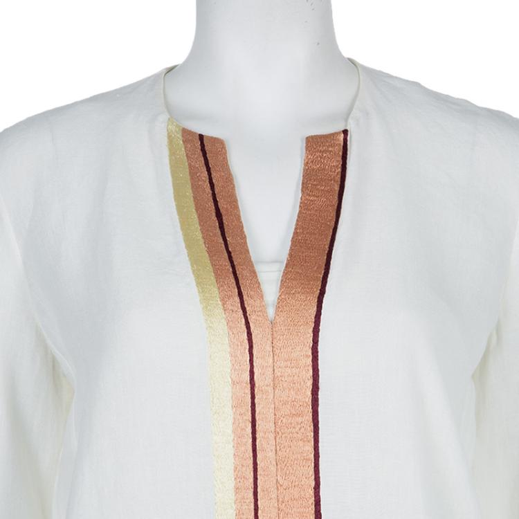 Pre Owned The Row White Linen Embroidered Long Sleeve Kaftan XS