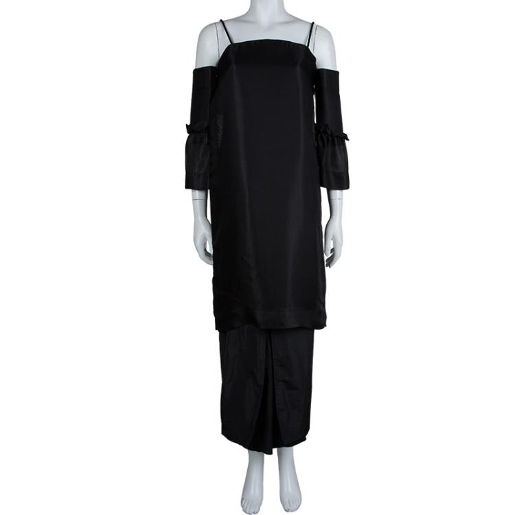 Pre Owned The Row Black Cold Shoulder Mesh Layered Midi Dress S