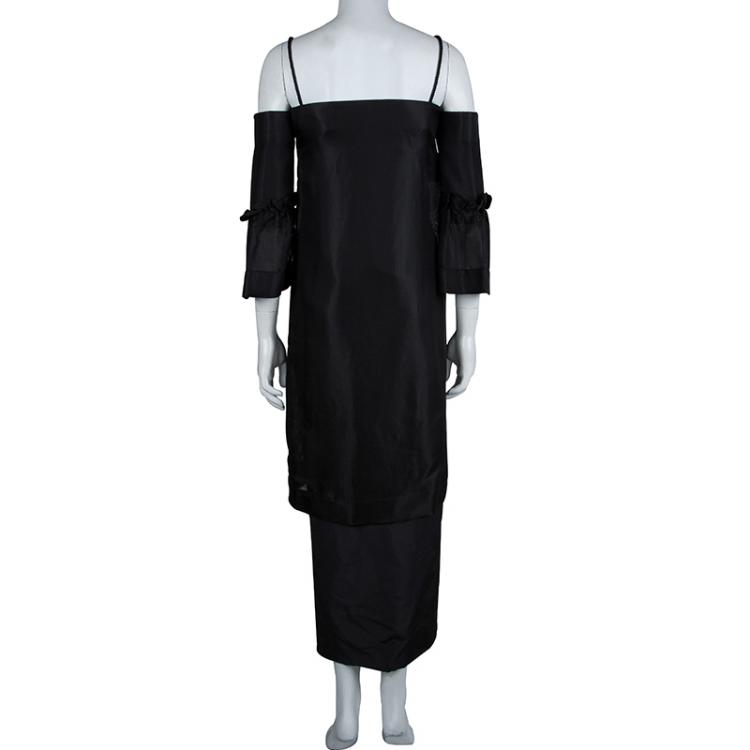 Pre Owned The Row Black Cold Shoulder Mesh Layered Midi Dress S