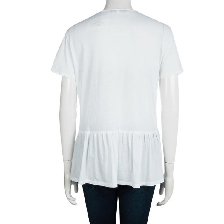 Pre Owned The Row White Jersey Ruffle Bottom Short Sleeve Top L