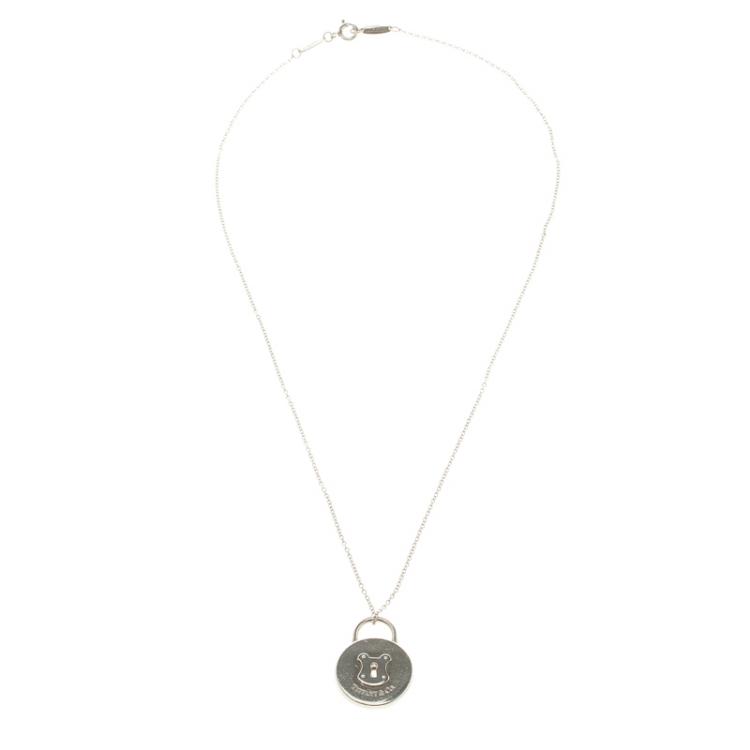 Pre Owned Tiffany & Co. Round Mini Lock Silver Pendant Necklace