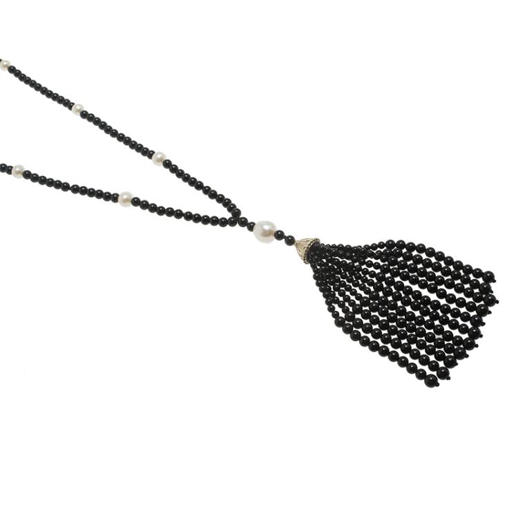 Pre Owned Tiffany & Co. Ziegfeld Onyx Pearls Long Silver Tassel Necklace 
