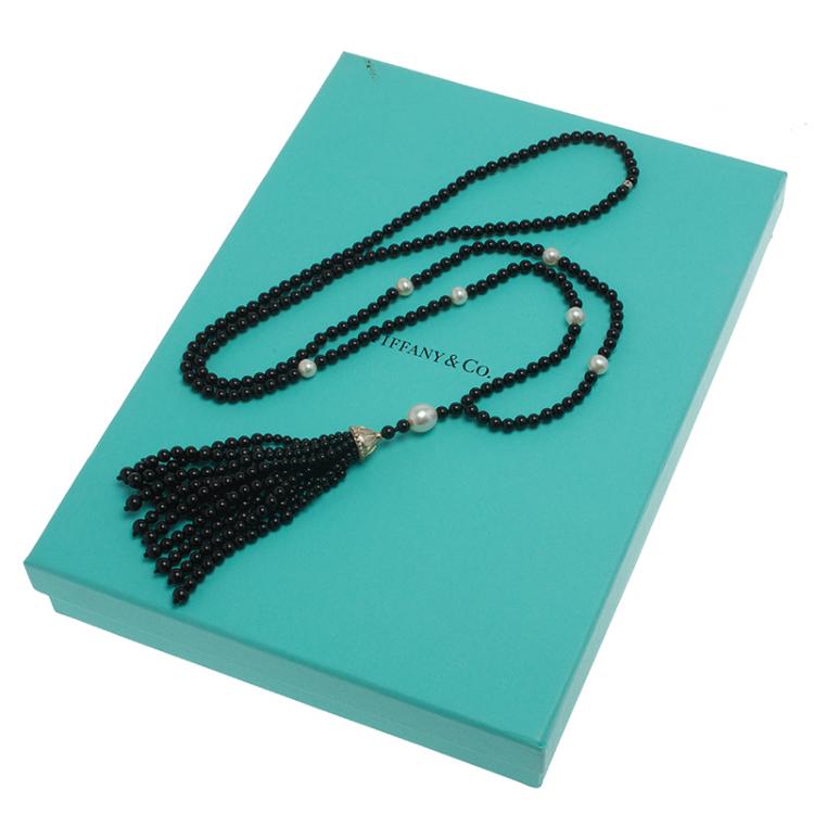 Pre Owned Tiffany & Co. Ziegfeld Onyx Pearls Long Silver Tassel Necklace 