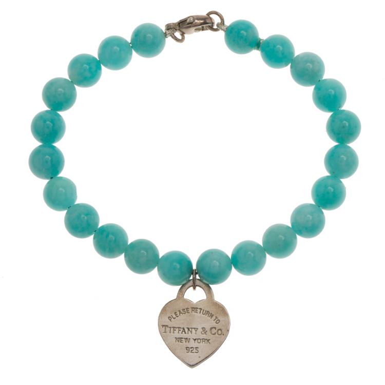 Pre Owned Tiffany & Co. Return To Tiffany Amazonite Beads Mini Heart Tag Silver Bracelet
