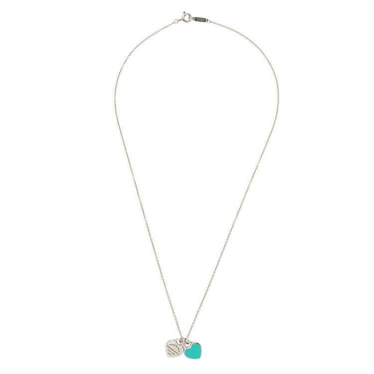 TIFFANY & Co. Return to Mini Double Heart Pendant Necklace Enamel Blue