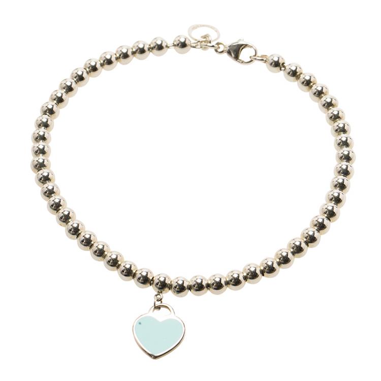 Pre Owned Tiffany & Co. Return to Tiffany Enamel Heart Tag Silver Beads Bracelet 19cm