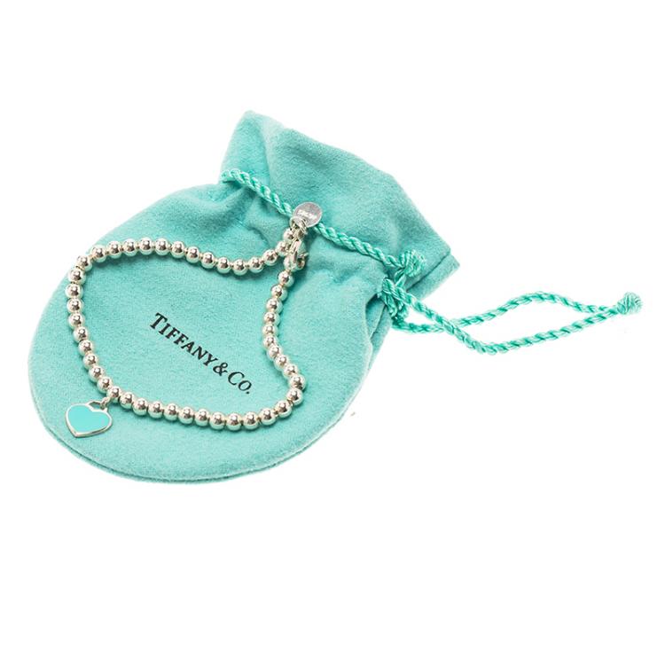 Pre Owned Tiffany & Co. Return to Tiffany Enamel Heart Tag Silver Beads Bracelet 19cm
