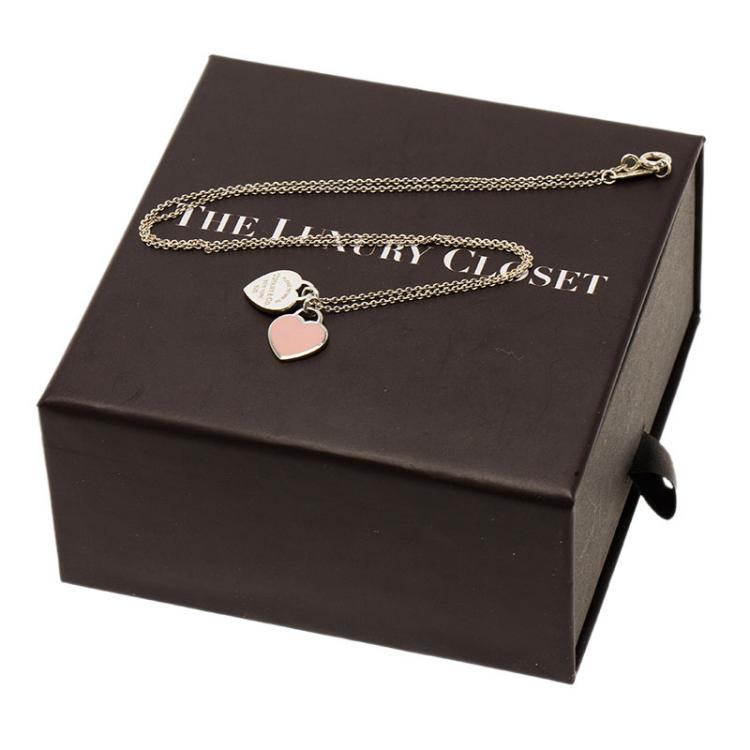 Pre Owned Tiffany & Co. Return to Tiffany Mini Double Heart Tag Pink Enamel Silver Pendant & Chain Necklace