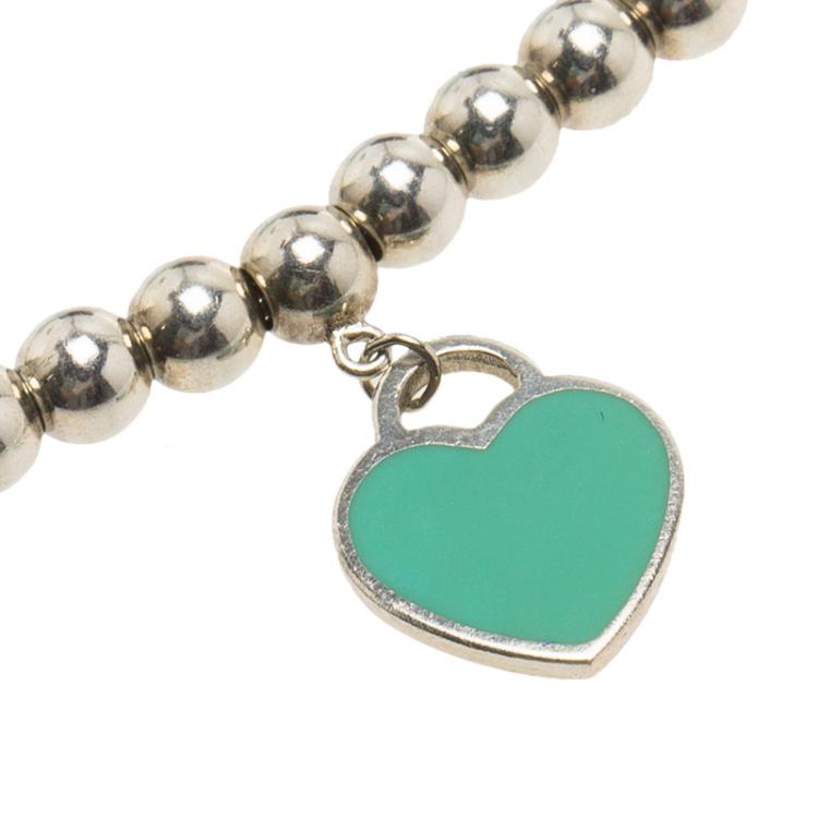 Pre Owned Tiffany & Co. Return to Tiffany Enamel Heart Tag Silver Beads Bracelet 17cm