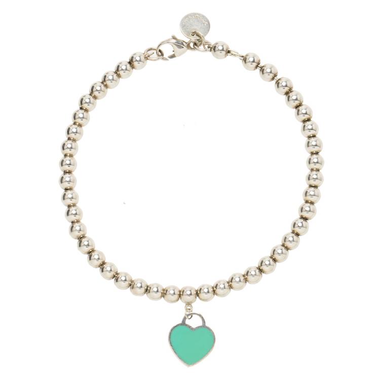 Pre Owned Tiffany & Co. Return to Tiffany Enamel Heart Tag Silver Beads Bracelet 17cm
