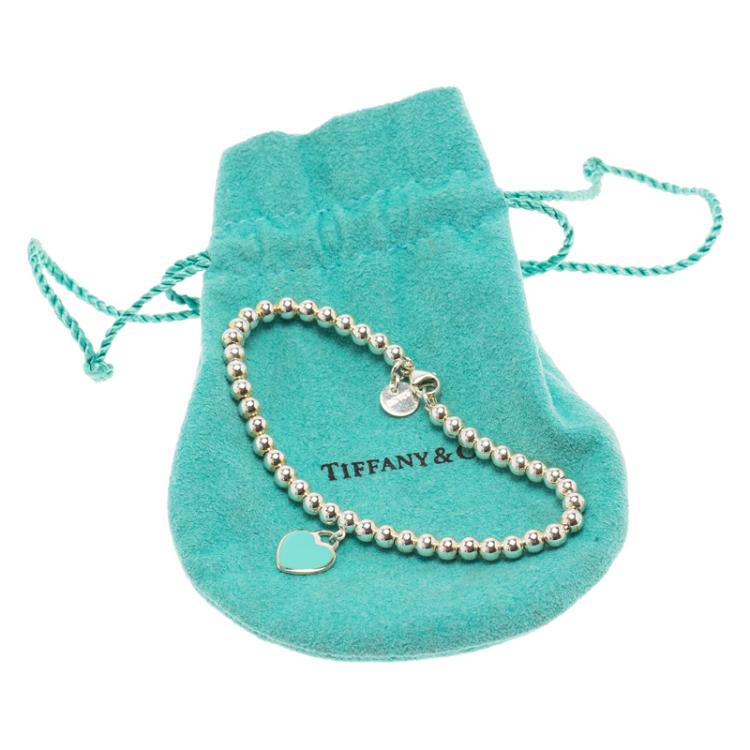 Pre Owned Tiffany & Co. Return to Tiffany Enamel Heart Tag Silver Beads Bracelet 17cm
