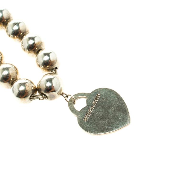 Pre Owned Tiffany & Co. Return To Tiffany Heart Tag Silver Bead Bracelet 18cm