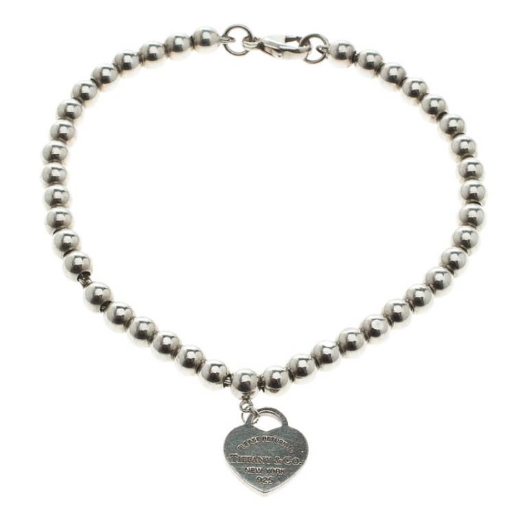 Pre Owned Tiffany & Co. Return to Tiffany Heart Tag Silver Beads Bracelet 17cm
