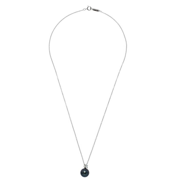 Pre Owned Tiffany & Co. Diamond Tahitian Pearl White Gold Pendant Necklace