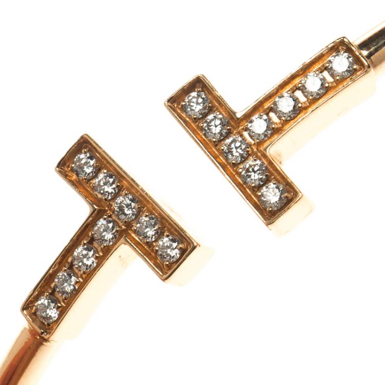 Pre Owned Tiffany & Co. 18k Rose Gold & Diamonds T Wire Bracelet 16cm