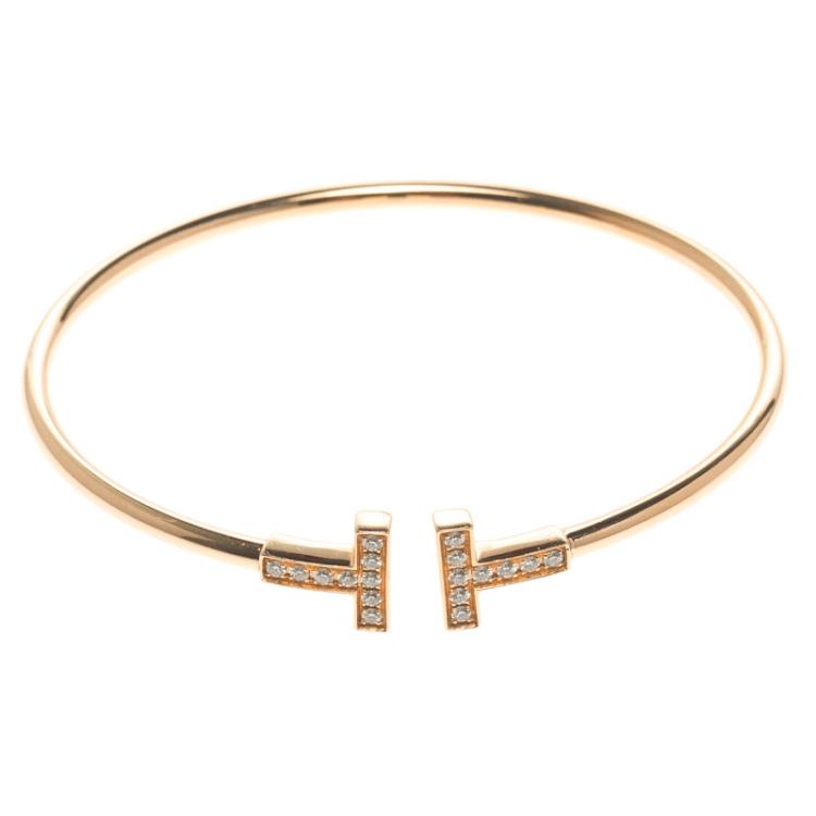 Pre Owned Tiffany & Co. 18k Rose Gold & Diamonds T Wire Bracelet 16cm