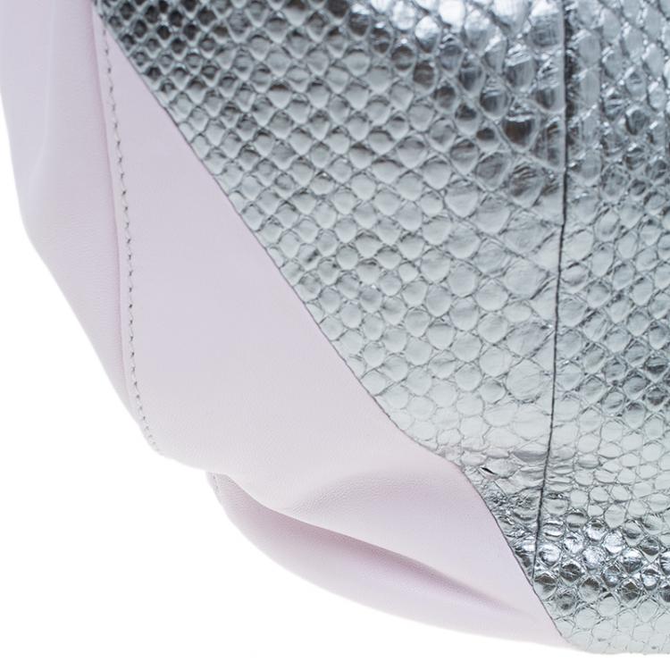 Pre Owned Tod's Pink/Silver Leather and Python Medium Horse Secchiello Tote