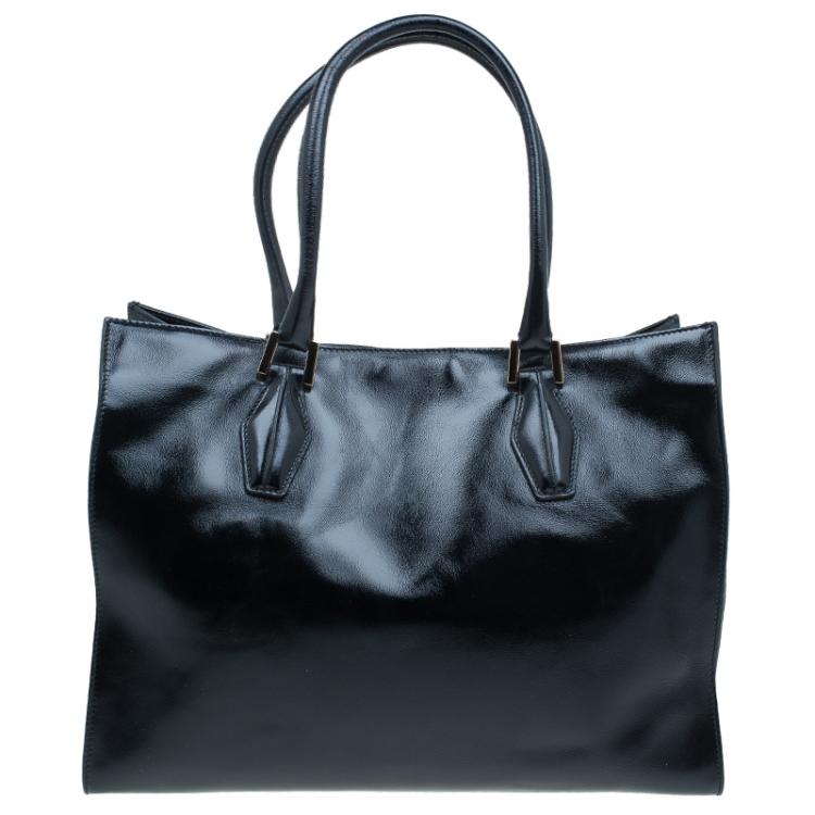 مملوكة مسبقًا Tod's Black Glazed Leather Medium Shopping Tote Bag