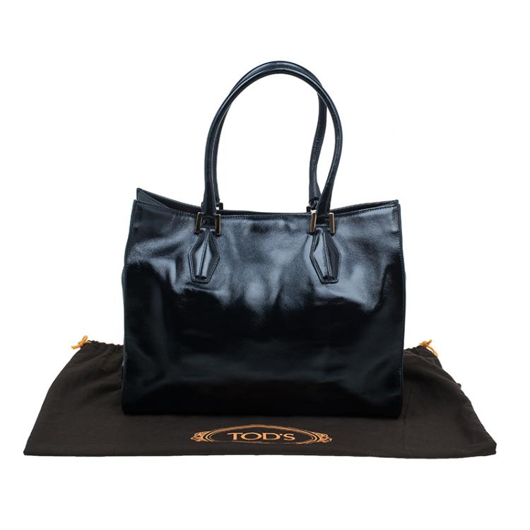 مملوكة مسبقًا Tod's Black Glazed Leather Medium Shopping Tote Bag