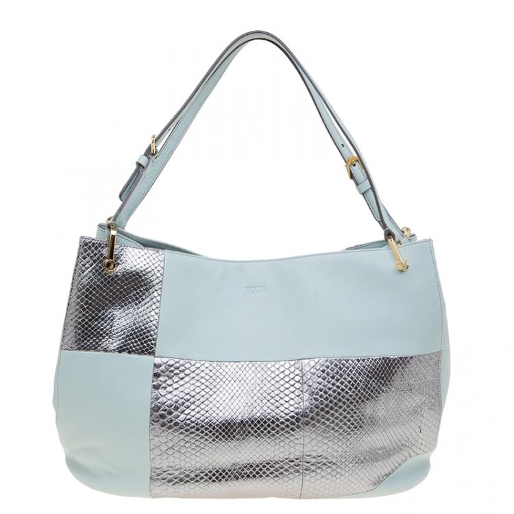 Pre Owned Tod's Silver/Light Blue Python and Leather Horse Block Media Tote