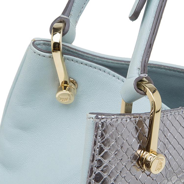 Pre Owned Tod's Silver/Light Blue Python and Leather Horse Block Media Tote